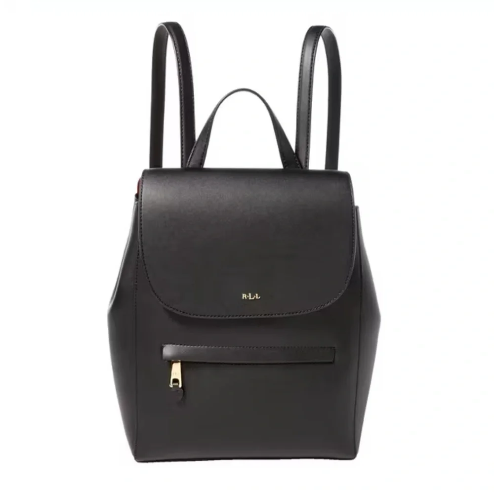 Lauren Ralph Lauren Dryden Black Leather Flap Backpack RLL Gold Logo Black NWOT